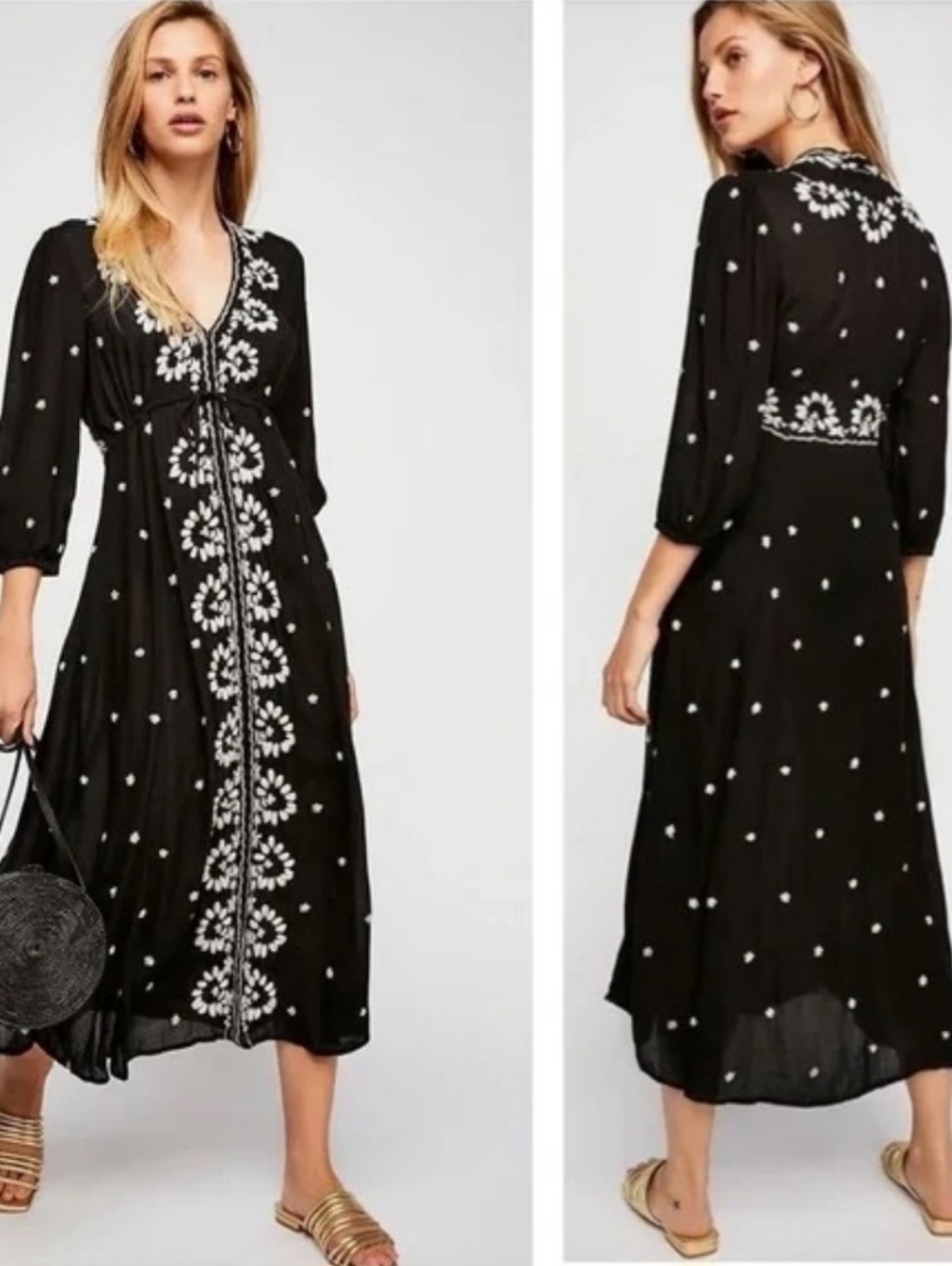 Free People Embroidered Fable V-neck Midi Length Dress Medium